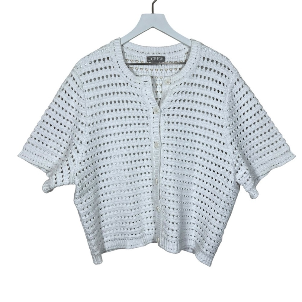 J Crew Short-sleeve pointelle white cotton cardigan sweater plus size 2X button